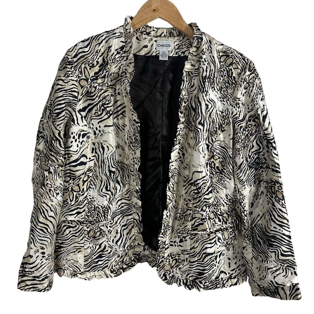 Chico's Silk Animal Zebra Print Evening Jacket Ruffle Trim Open Blazer 12 L (2)